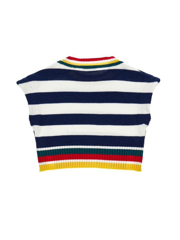 White and Blue Striped Knit Sweater Vest