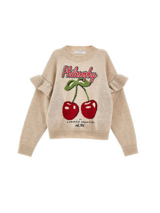 Beige Cherry Ruffle Sleeve Sweater