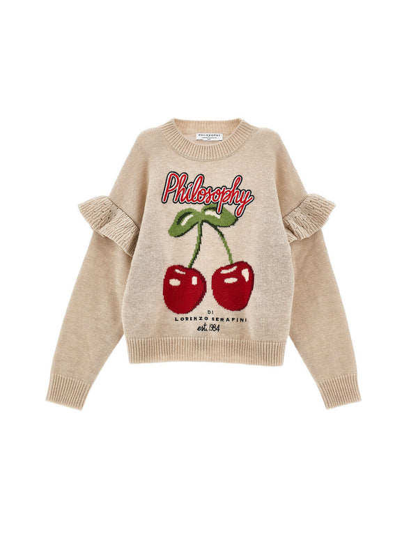 Beige Cherry Ruffle Sleeve Sweater