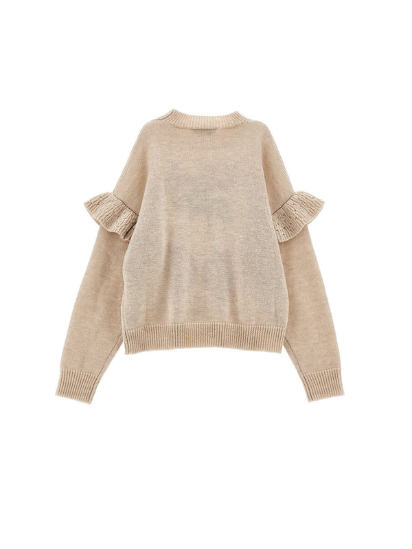 Beige Cherry Ruffle Sleeve Sweater
