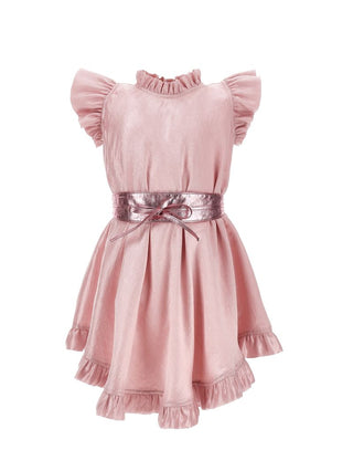 Pink Metallic Ruffle Trim Belted Dress