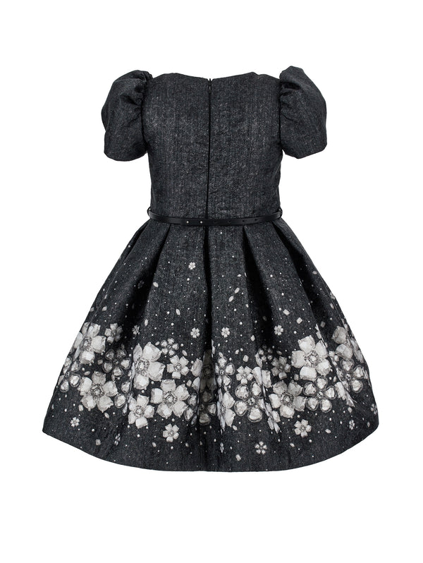 Black and White Jewel Print Brocade Dress