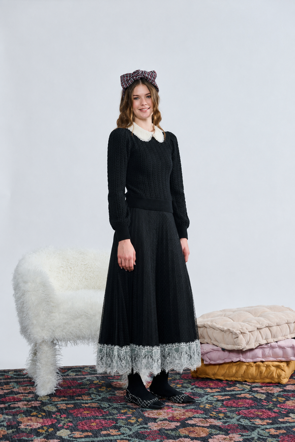 Black with Pearl Beaded Collar Cableknit Sweater