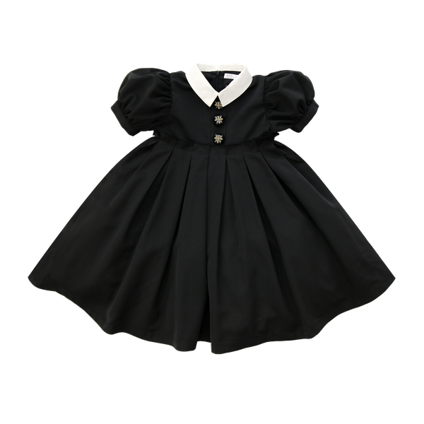 Black Short Puff Sleeve Taffeta Dress