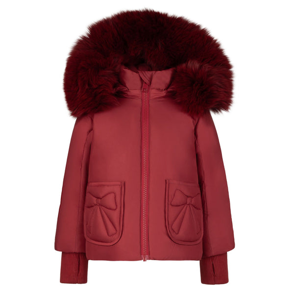Red Bow Fur Hooded Winter Coat