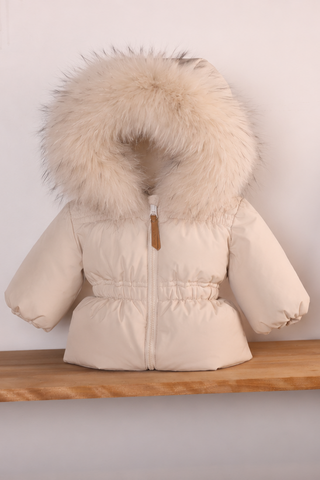 Beige Gathered Fur Hooded Coat