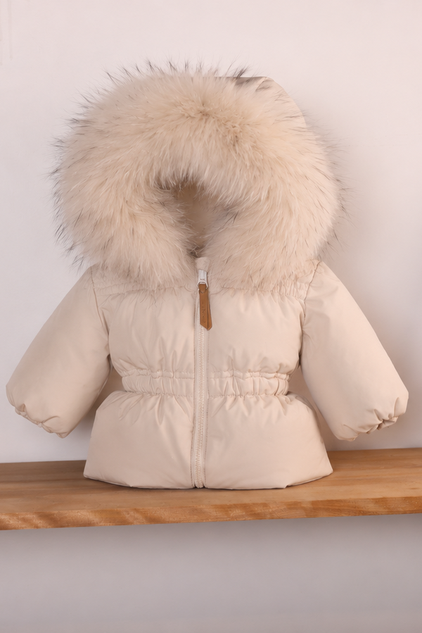 Beige Gathered Fur Hooded Coat