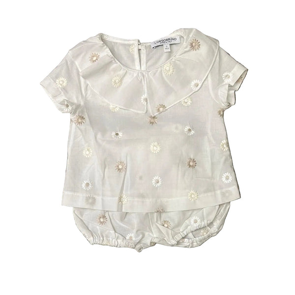 White Baby Beige Flower Bloomer Outfit