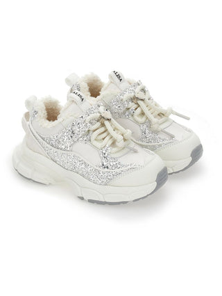 White and Silver Glitter and Faux Leather Sneakers