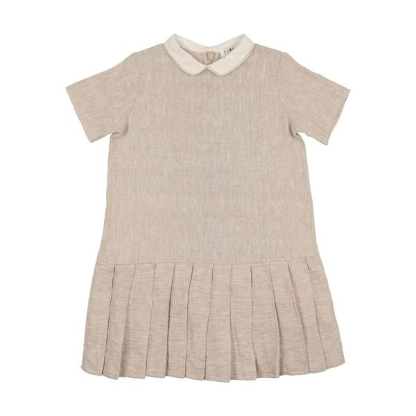 Sand Linen Short Sleeve Drop Pleat Dress