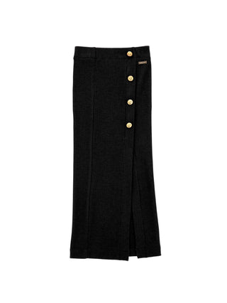 Black Ribbed Maxi Skirt with Gold Buttons