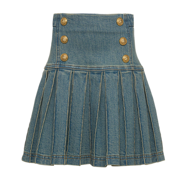 Denim Pleated Skirt with Gold Buttons