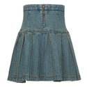 Denim Pleated Skirt with Gold Buttons