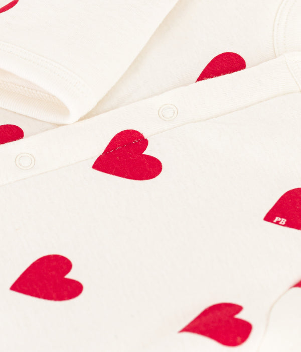 White and Red Baby Front Snap Heart Print Footie