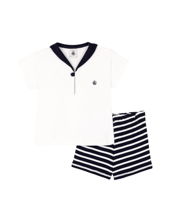 White and Navy Baby Sailor Collar Top and Stripe Shorts Set