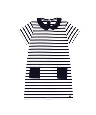 White and Navy Striped Collar and Pockets Dress