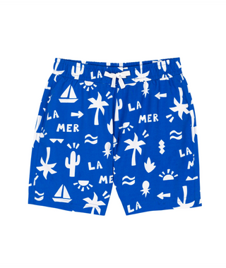 Blue and White Print Swim Trunks