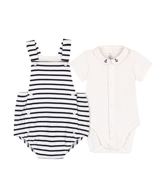 White and Navy Baby Stripe Overall Set