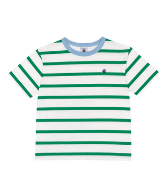 White and Green Striped Blue Trim Tee