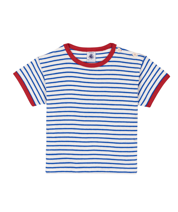 White and Blue Baby Stripe Red Trim Tee