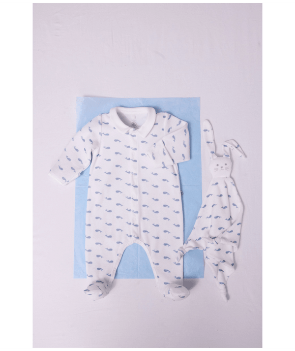 White with Blue Whales Velour Footie