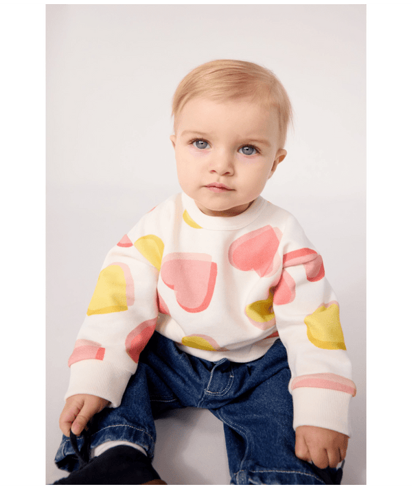 Baby White With Yellow and Pink Hearts Crewneck