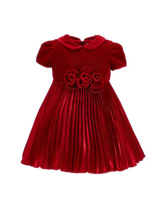 Red Velvet Rose Waist Pleated Dress
