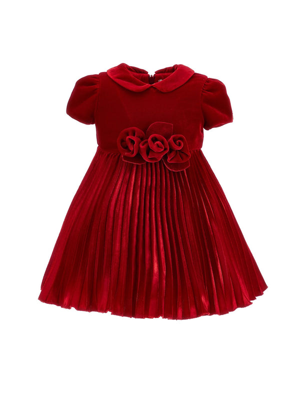 Red Velvet Rose Waist Pleated Dress