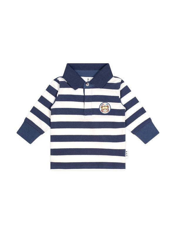 Navy and White Striped Long Sleeve Polo