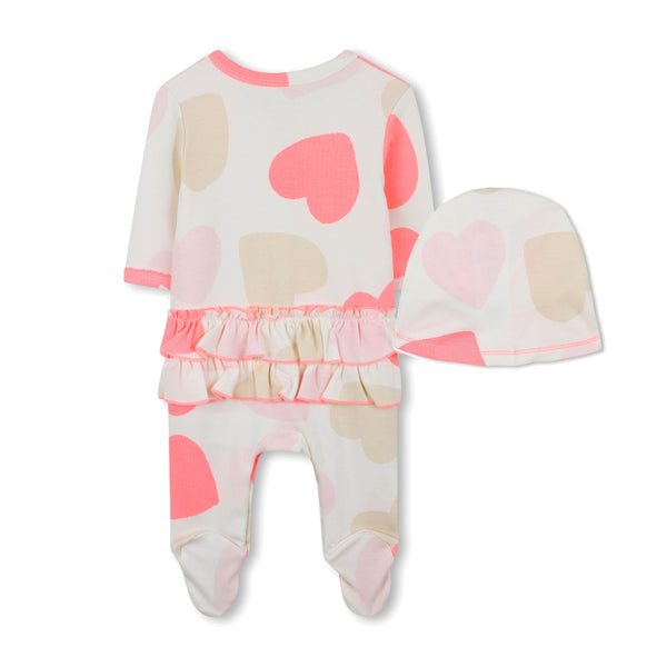 Ivory Heart Print Footie and Hat