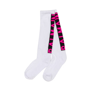 White Slouch Knee Socks with Pink Logo On Back