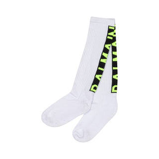 White Slouch Knee Socks with Neon Yellow Logo On Back
