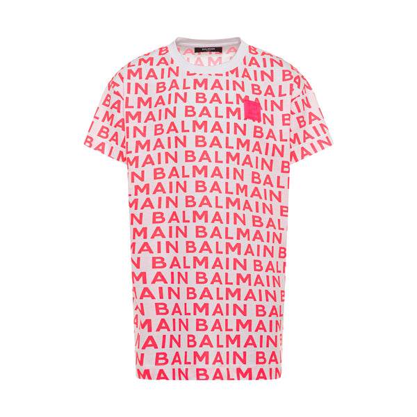 White and Pink Short Sleeve Allover Logo Print Dress