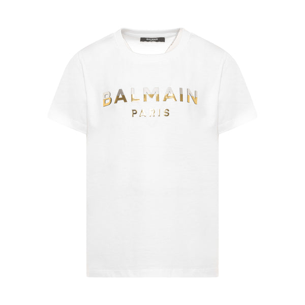 White Short Sleeve Two Tone Gold Silver Puffy Logo Tee