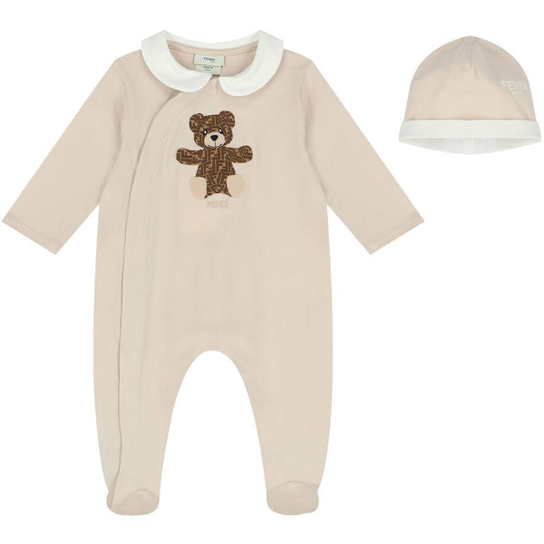 Beige Baby FF Bear Patch Hat & Footie Set