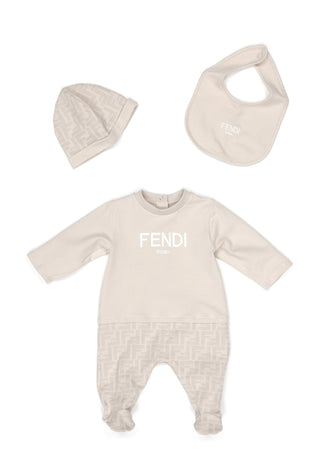 Beige Baby Faded FF Logo Footie Hat Bib 3pc Set