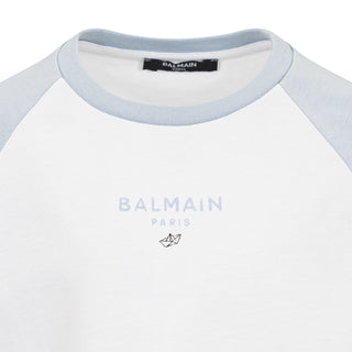 White and Blue Balmain Logo Tee