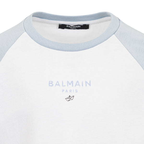 White and Blue Balmain Logo Tee