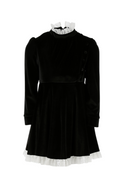 Black Long Sleeves Velvet Dress Collared w/ Lace Trim