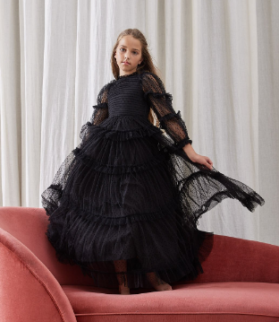 Black Tulle Pleated Frill Gown