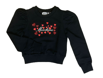 Black Puff Sleeve Cursive Logo Sweatshirt with Allover Hearts