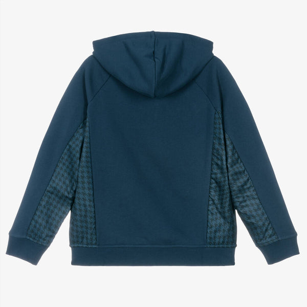 Blue Zip Hoodie with Houndstooth Patch