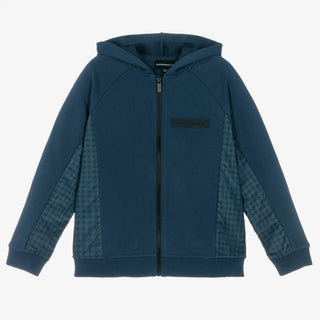 Blue Zip Hoodie with Houndstooth Patch