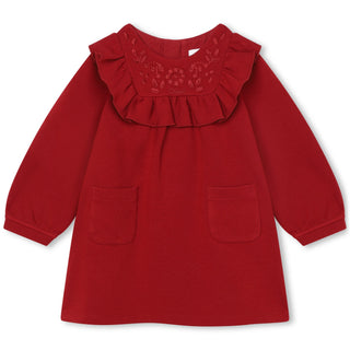 Brick Ruffled Bib Embroidery Dress