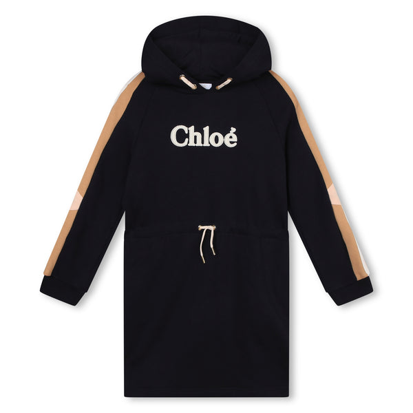 Navy Hooded Logo Dress with Sleeve Stripes