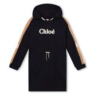 Navy Hooded Logo Dress with Sleeve Stripes