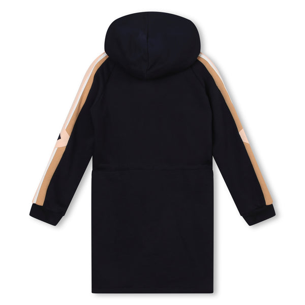 Navy Hooded Logo Dress with Sleeve Stripes
