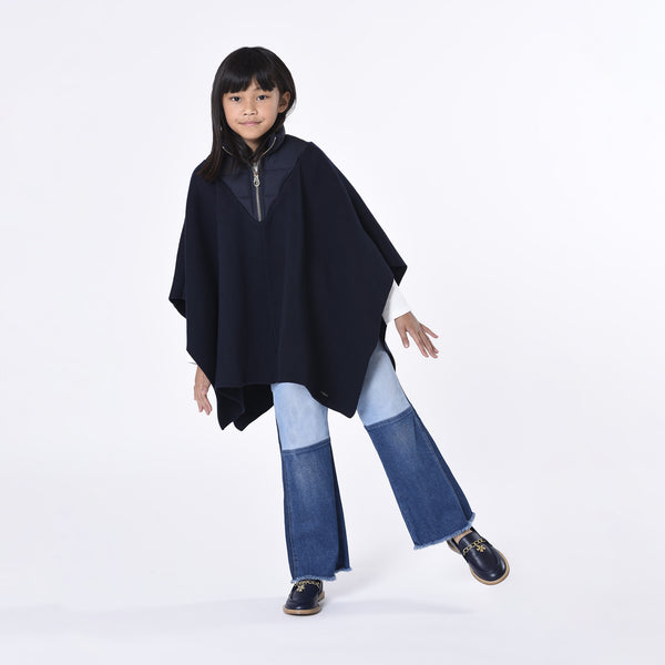 Navy Wool Bi-Material Knitted Cape