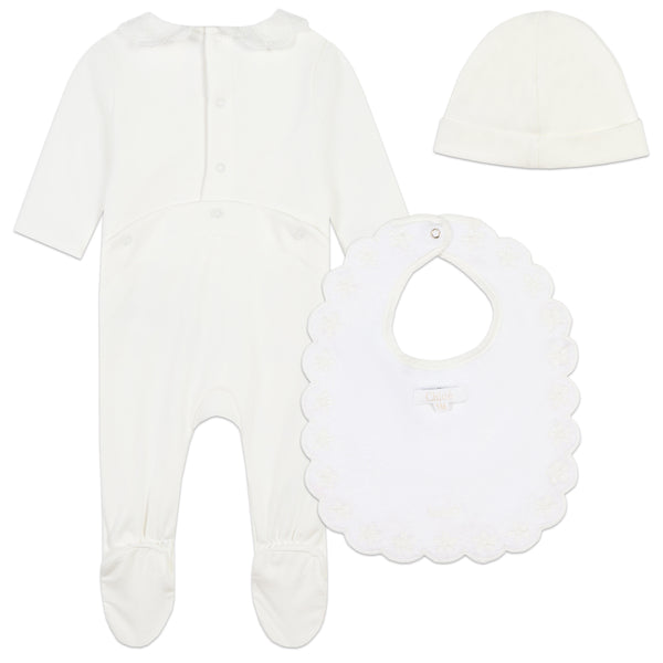 Off White Footie + Bib and Hat Set