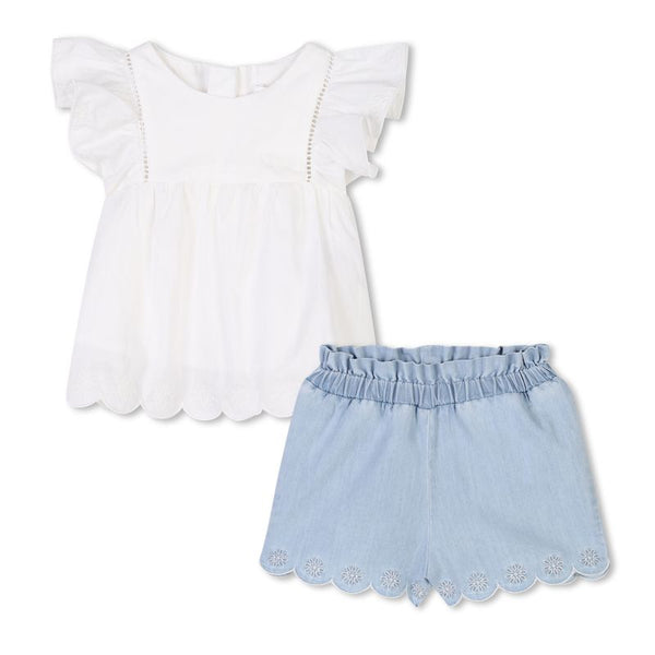 White and Blue Ruffle Shorts Set